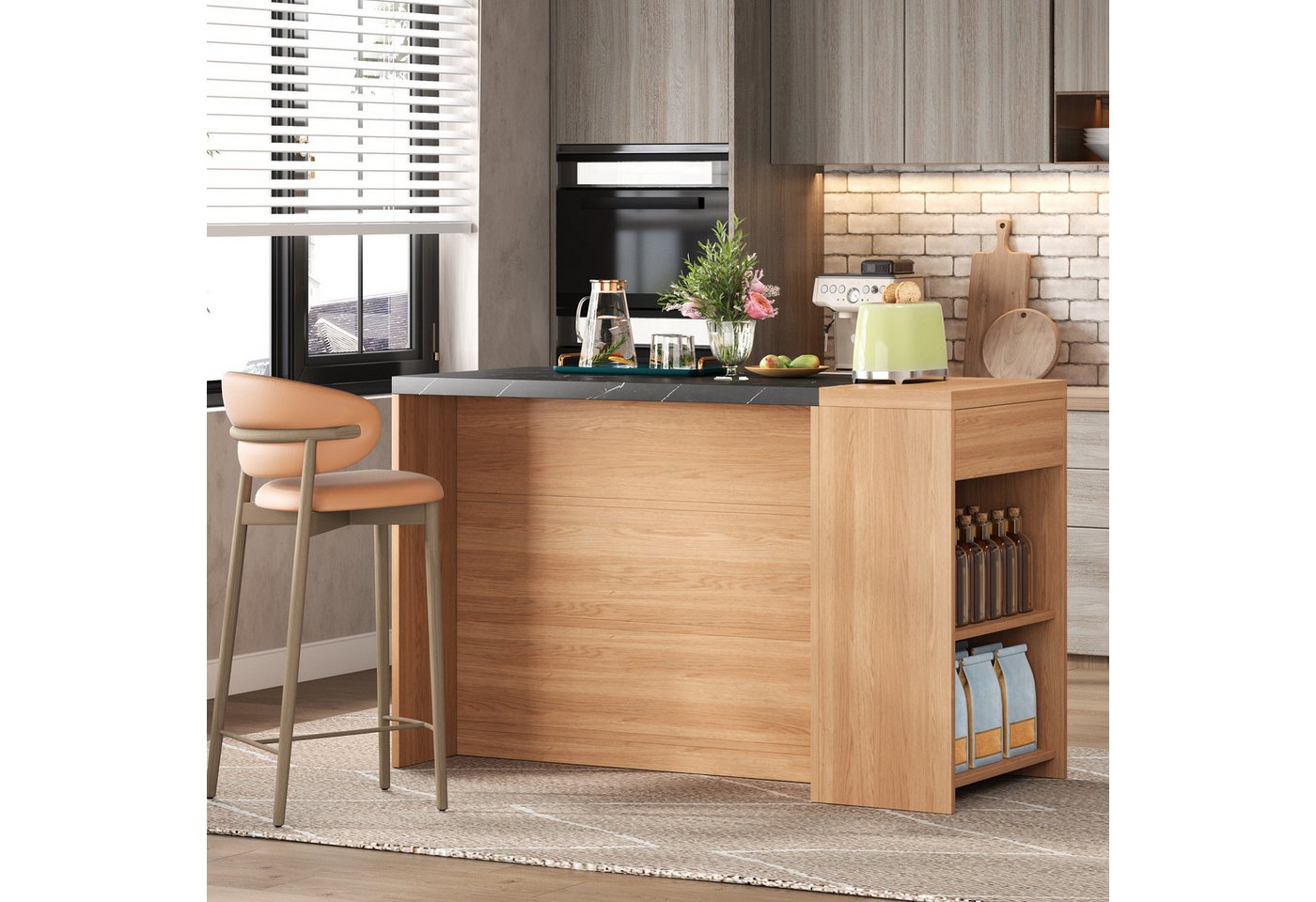 Flieks Kücheninsel mit schwarze Arbeitsplatte in Marmoroptik, Schublade und 5 Fächern, (140×60×90 cm), Küchenschrank Mehrzweckschrank Küchenbuffet Holzoptik in Landhausstil Bild 3