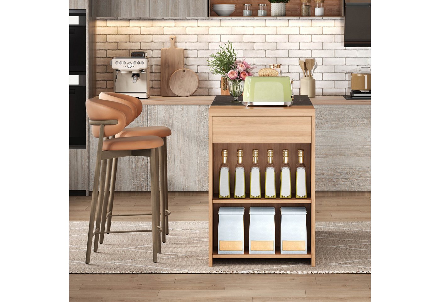 Flieks Kücheninsel mit schwarze Arbeitsplatte in Marmoroptik, Schublade und 5 Fächern, (140×60×90 cm), Küchenschrank Mehrzweckschrank Küchenbuffet Holzoptik in Landhausstil Bild 4
