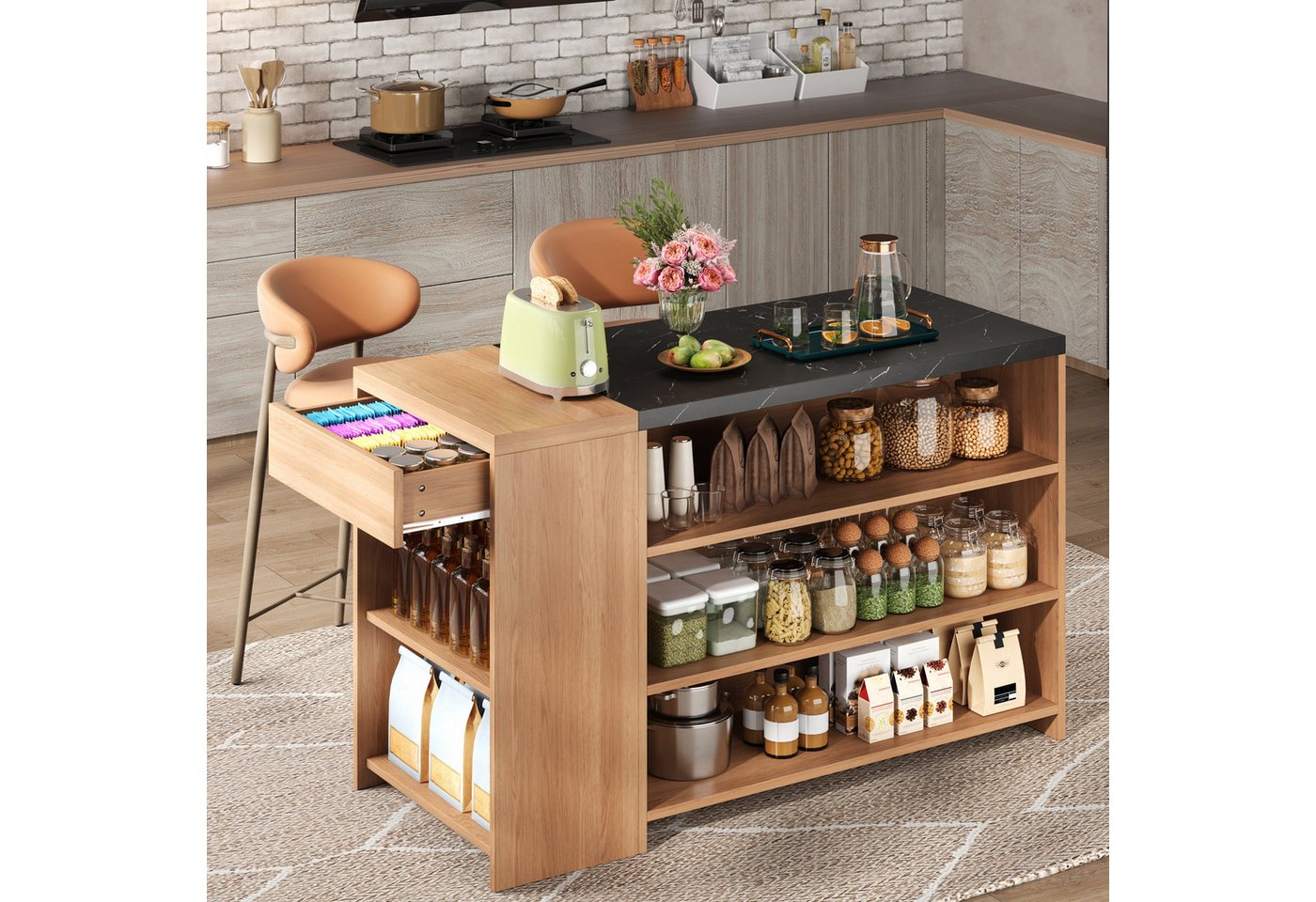 Flieks Kücheninsel mit schwarze Arbeitsplatte in Marmoroptik, Schublade und 5 Fächern, (140×60×90 cm), Küchenschrank Mehrzweckschrank Küchenbuffet Holzoptik in Landhausstil Bild 5