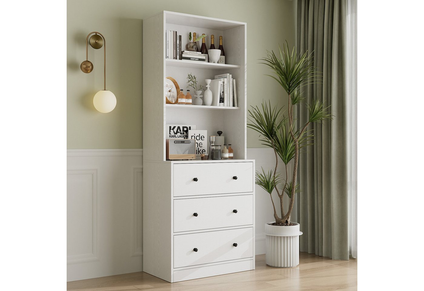 VOWNER Bücherregal 5-stöckiges Bücherregal mit Glastüren, 180 cm Vitrinenschrank, 1-tlg., Küchenschränke, Buffetschrank für Küche, Wohnzimmer, Esszimmer, Weiß