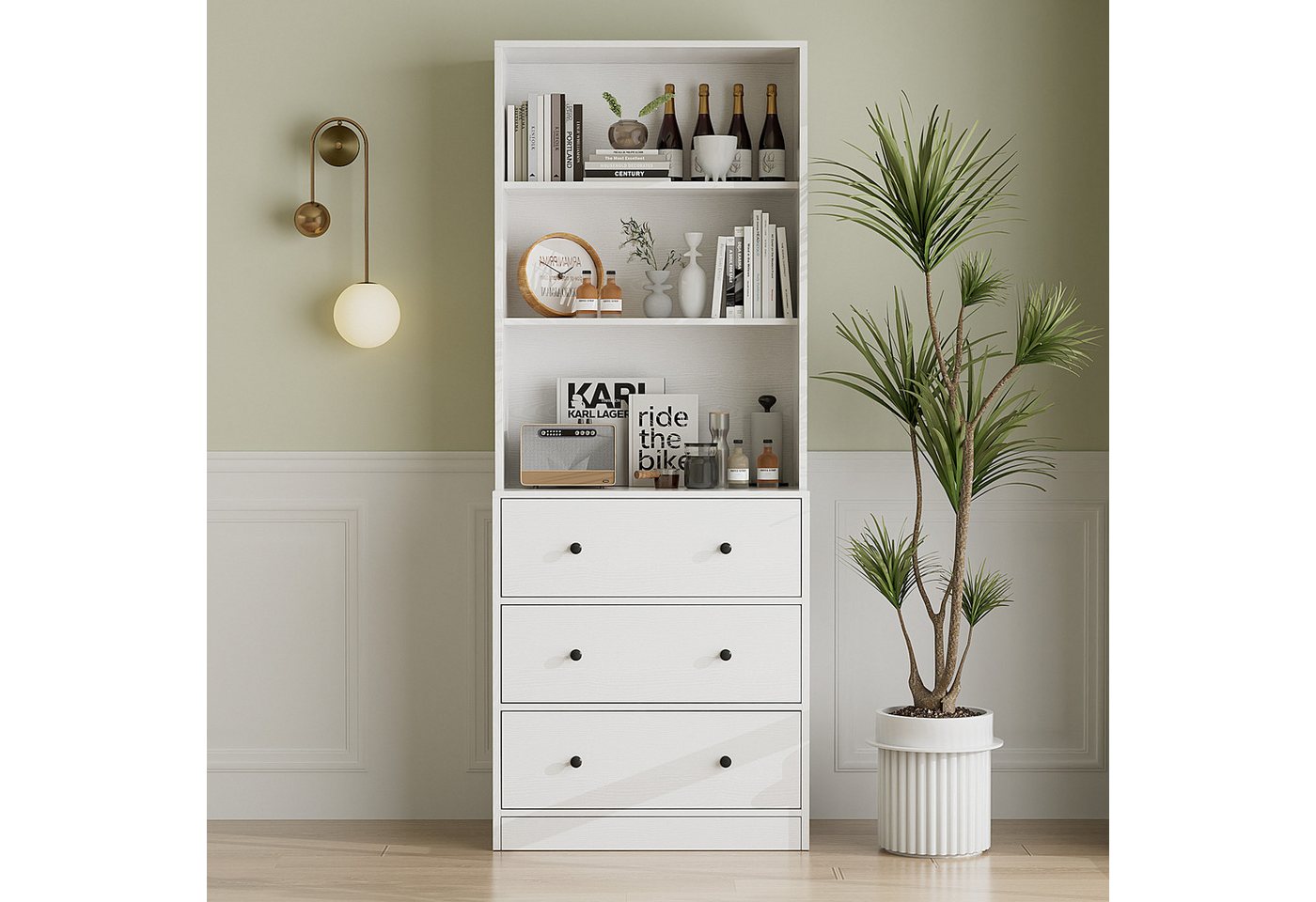 VOWNER Bücherregal 5-stöckiges Bücherregal mit Glastüren, 180 cm Vitrinenschrank, 1-tlg., Küchenschränke, Buffetschrank für Küche, Wohnzimmer, Esszimmer, Weiß Bild 4