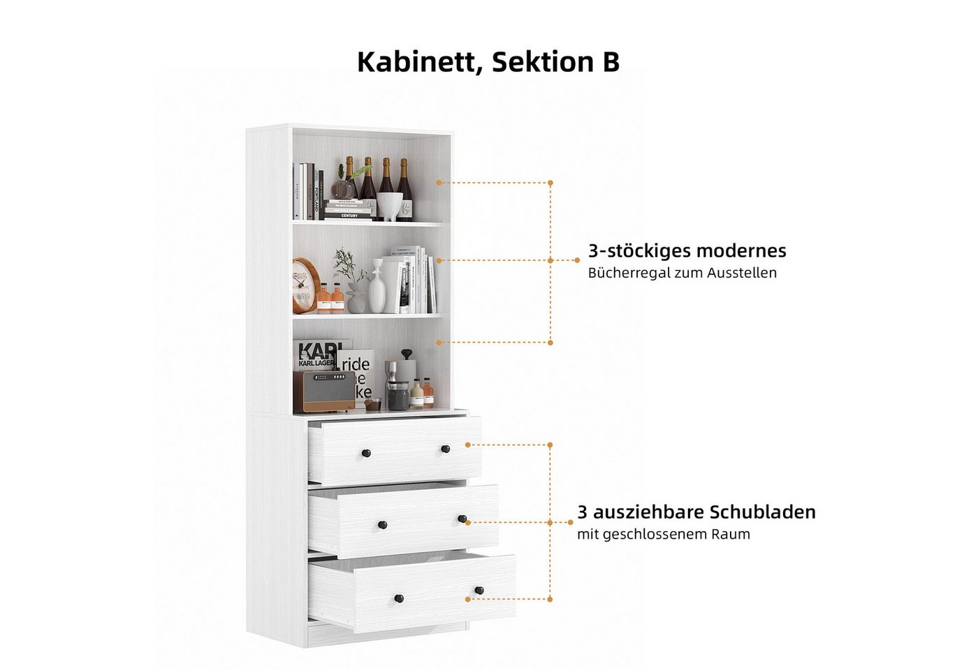 VOWNER Bücherregal 5-stöckiges Bücherregal mit Glastüren, 180 cm Vitrinenschrank, 1-tlg., Küchenschränke, Buffetschrank für Küche, Wohnzimmer, Esszimmer, Weiß Bild 5