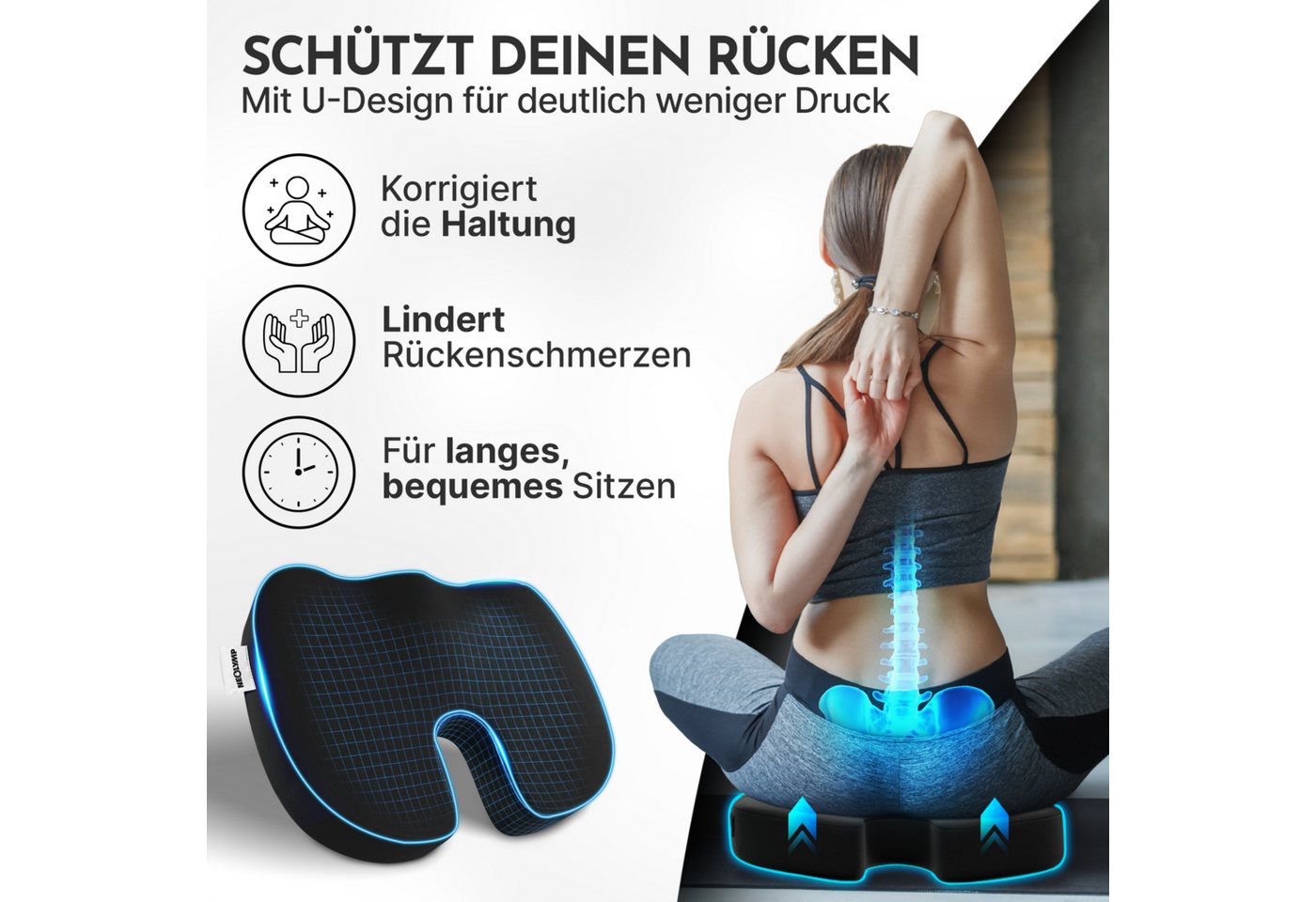 NEOLYMP Sitzkissen Orthopädisches Sitzkissen Memory Foam Kissen mit Steißbein-Aussparung, Ergonomisches Design für Büro, Auto & Reisen – 3 Härtegrade Bild 2