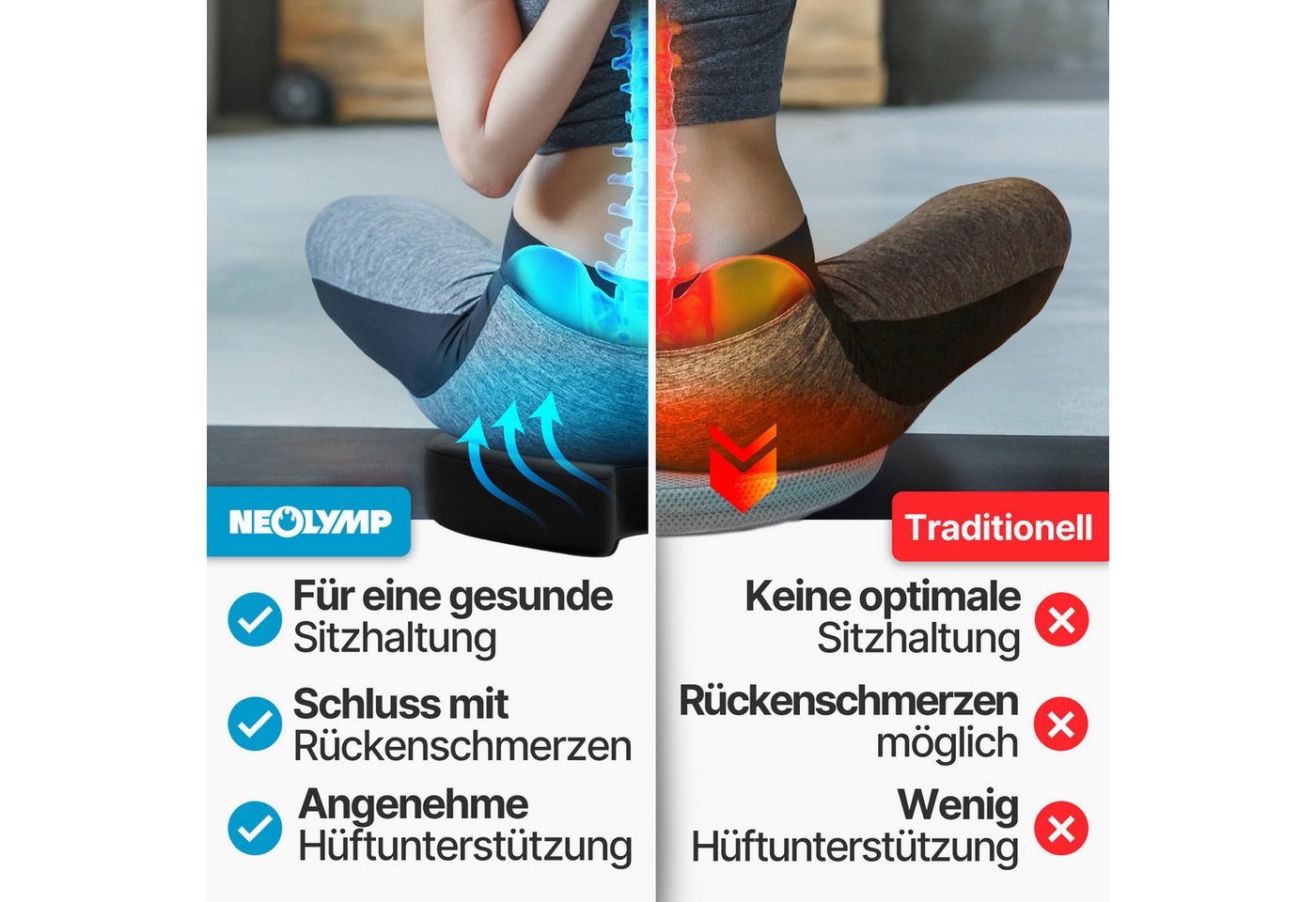 NEOLYMP Sitzkissen Orthopädisches Sitzkissen Memory Foam Kissen mit Steißbein-Aussparung, Ergonomisches Design für Büro, Auto & Reisen – 3 Härtegrade Bild 3