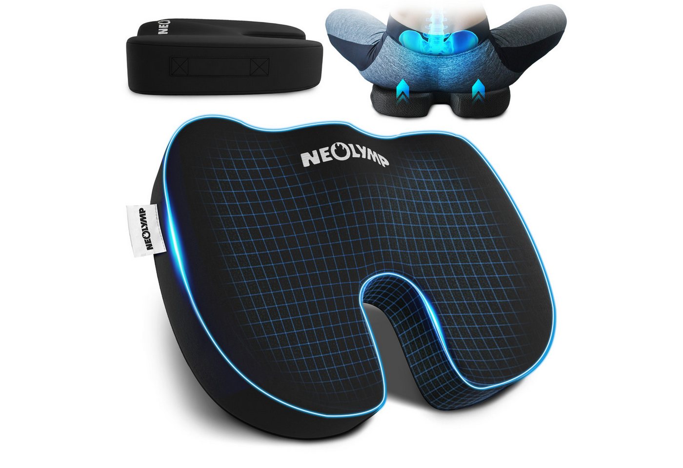 NEOLYMP Sitzkissen Orthopädisches Sitzkissen Memory Foam Kissen mit Steißbein-Aussparung, Ergonomisches Design für Büro, Auto & Reisen – 3 Härtegrade Bild 4