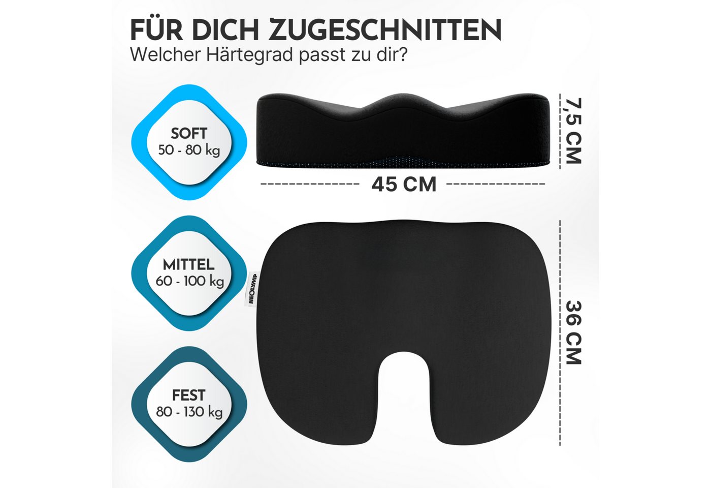 NEOLYMP Sitzkissen Orthopädisches Sitzkissen Memory Foam Kissen mit Steißbein-Aussparung, Ergonomisches Design für Büro, Auto & Reisen – 3 Härtegrade Bild 5