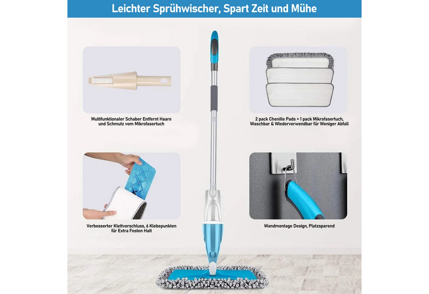 HUGERSTONE Sprühwischer Wischmopp Set mit 440ml Wassertank, Bodenwischer mit Sprühfunktion (mit 3 Waschbaren Mikrofaser Pads) Nass und Trockenwischer, 360 Grad Rotierender Wischmopp für alle Böden Bild 3