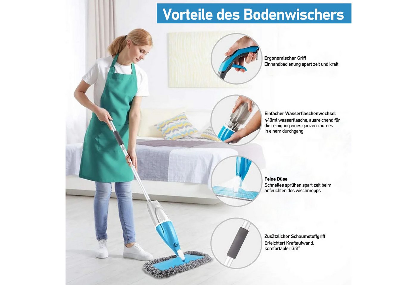 HUGERSTONE Sprühwischer Wischmopp Set mit 440ml Wassertank, Bodenwischer mit Sprühfunktion (mit 3 Waschbaren Mikrofaser Pads) Nass und Trockenwischer, 360 Grad Rotierender Wischmopp für alle Böden Bild 4