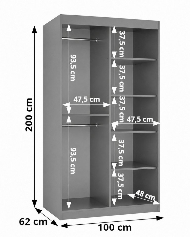 Home Collective Schwebetürenschrank Kleiderschrank Schrank Schlafzimmer Garderobe geräumig (erhältliche Breiten: 100cm, 120cm, 150cm, 180cm, 200cm, 250cm, Höhe 200 cm) 2 Türen,mit Einlegeböden und zwei Kleiderstangen wählbare Handgriffe Bild 3