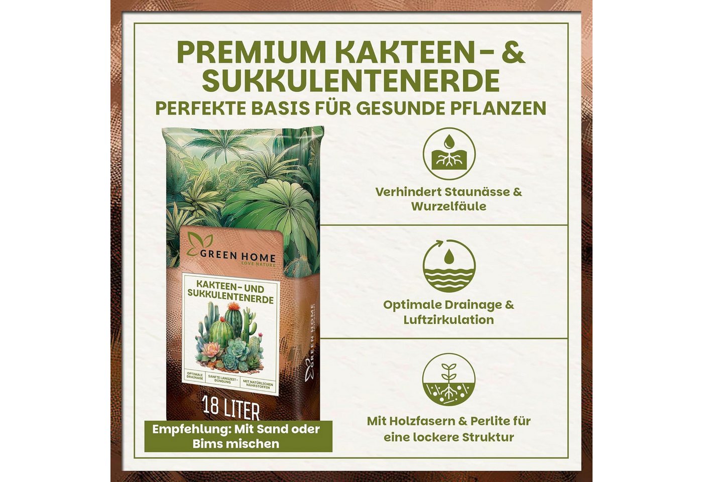 GREEN HOME LOVE NATURE Spezialerde Kakteen & Sukkulenten Erde mit Perlit, langzeitgedüngt, pH 5,8 18 L, 36 L, 72 L, Langzeitdünger, Perlit, Kokosfasern, pH 5,8, gute Drainage Bild 3