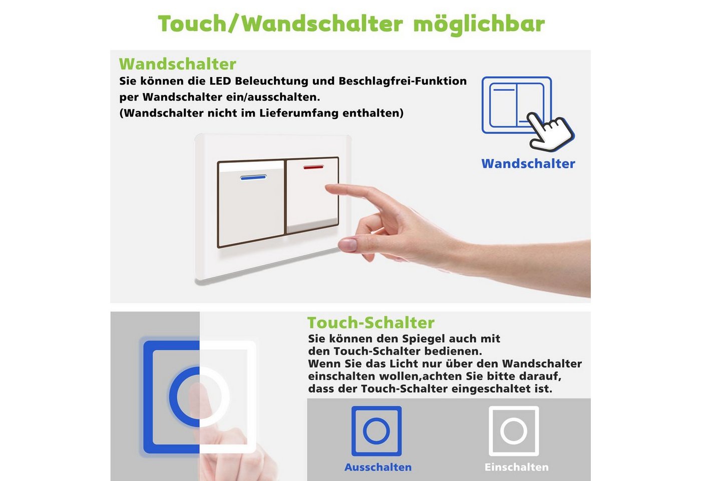 duschspa Badspiegel LED Badspiegel Rund Spiegel Touch/Wandschalter 50-100cm, Warm/Neutral/Kaltweiß+dimmbar+Memory+auto Abschaltung