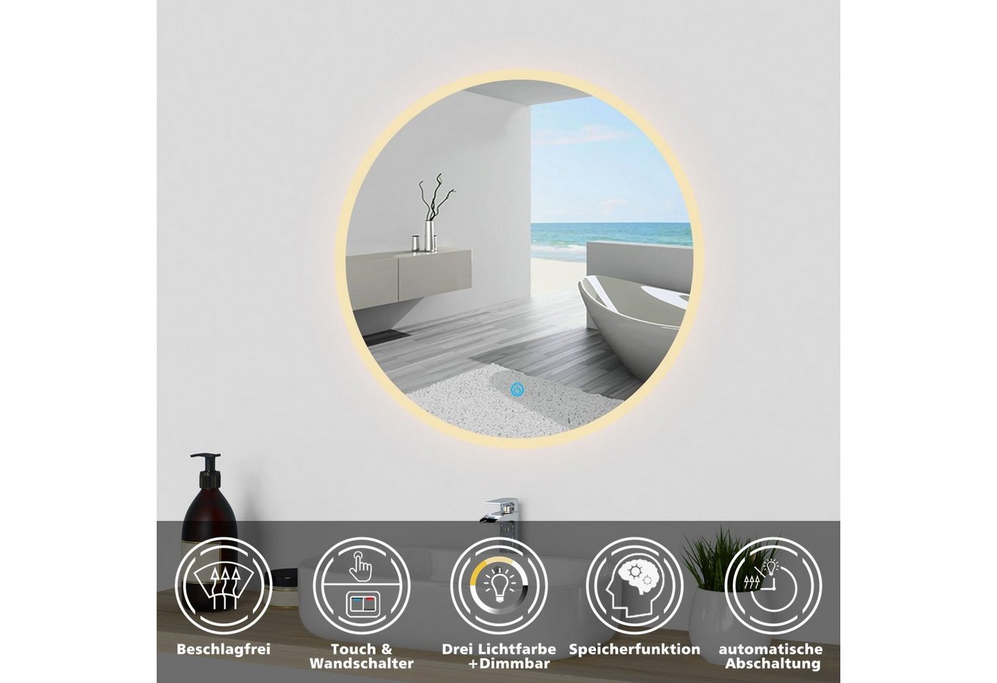 duschspa Badspiegel LED Badspiegel Rund Spiegel Touch/Wandschalter 50-100cm, Warm/Neutral/Kaltweiß+dimmbar+Memory+auto Abschaltung Bild 4
