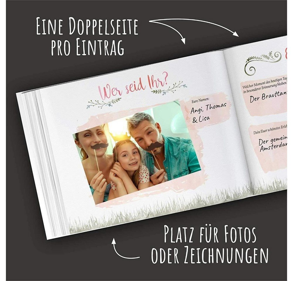 bigdaygraphix Notizbuch Hochzeits-Gästebuch Boho Flowers mit Fragen, Vorgefertigte Fragen für besondere Einträge.