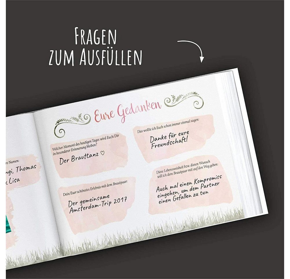 bigdaygraphix Notizbuch Hochzeits-Gästebuch Boho Flowers mit Fragen, Vorgefertigte Fragen für besondere Einträge. Bild 2