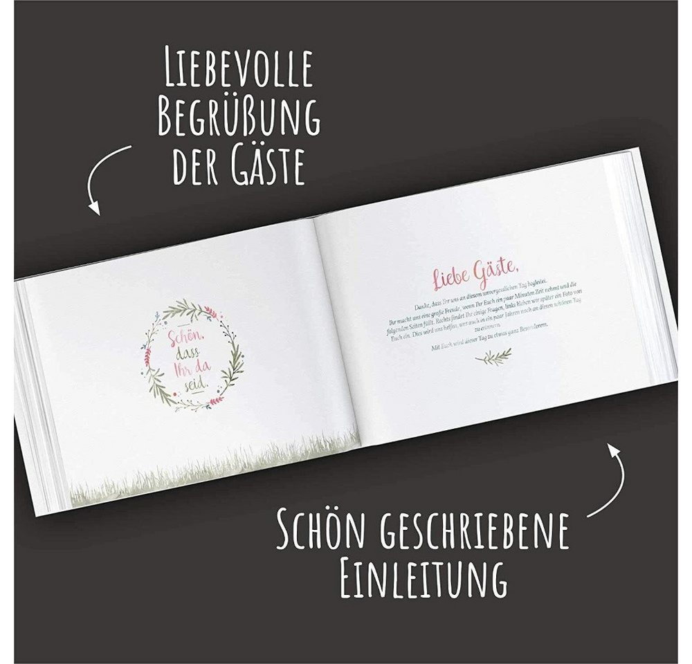 bigdaygraphix Notizbuch Hochzeits-Gästebuch Boho Flowers mit Fragen, Vorgefertigte Fragen für besondere Einträge. Bild 5