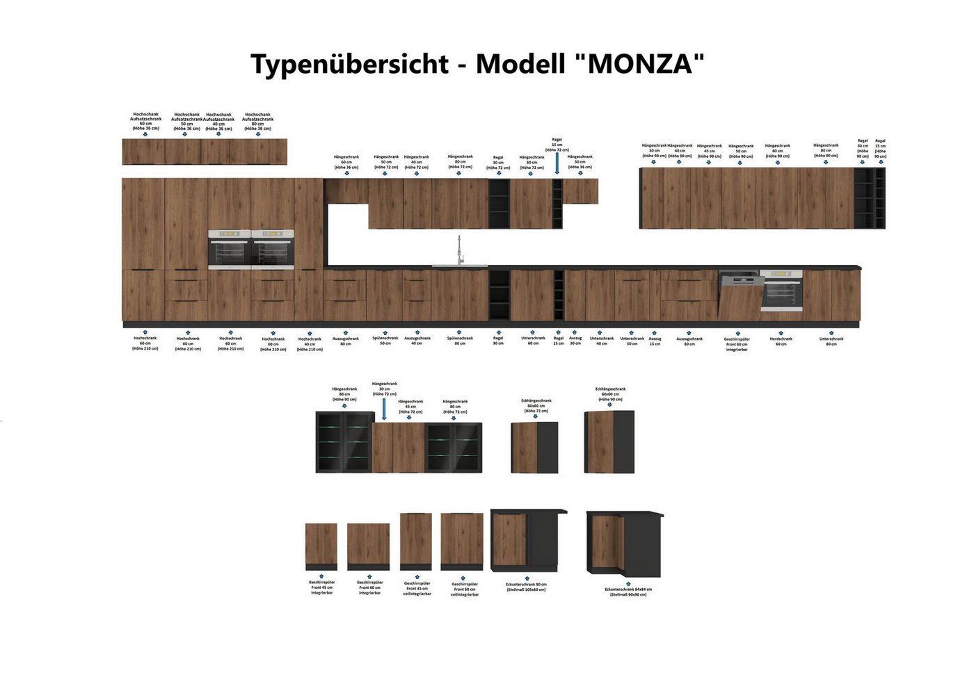Küchen-Preisbombe Hochschrank 60 cm Küche MONZA Okapi Nußbaum Küchenzeile Küchenblock Einbauküche