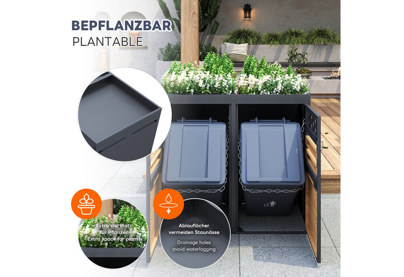 Merax Mülltonnenbox Abschließbar Müllcontainer mit Pflanzdach & Belüftungslöchern (1 St), Müllbox aus Edelstahl,Mülltonnenverkleidung für 2 Tonnen,120-240Leiter Bild 3