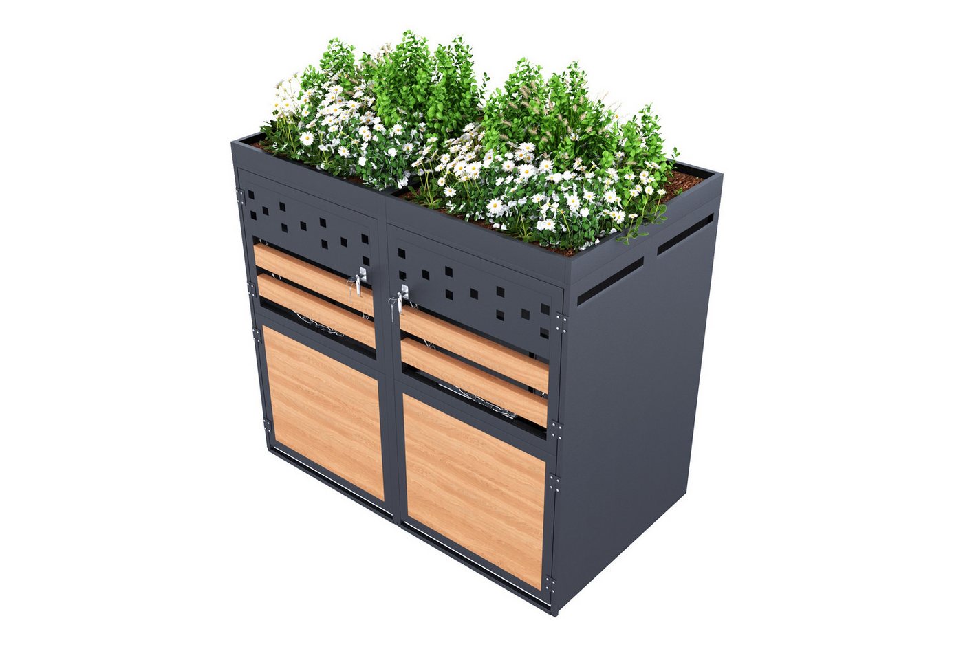 Merax Mülltonnenbox Abschließbar Müllcontainer mit Pflanzdach & Belüftungslöchern (1 St), Müllbox aus Edelstahl,Mülltonnenverkleidung für 2 Tonnen,120-240Leiter Bild 4
