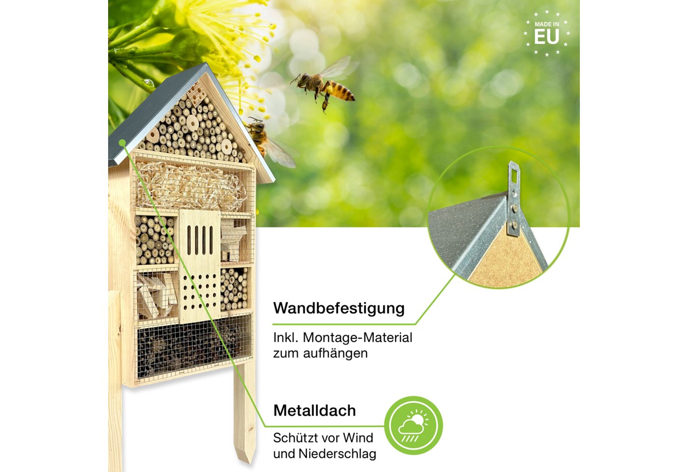 gartenetage Insektenhotel XXL Insektenhaus für Bienen und Marienkäfer – 79 x 38 x 11,5 cm, – Wetterfestes Insektenhaus – Schutz und Nisthilfe für Wildbienen & Co