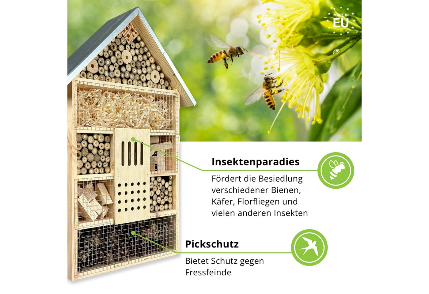 gartenetage Insektenhotel XXL Insektenhaus für Bienen und Marienkäfer – 79 x 38 x 11,5 cm, – Wetterfestes Insektenhaus – Schutz und Nisthilfe für Wildbienen & Co Bild 3