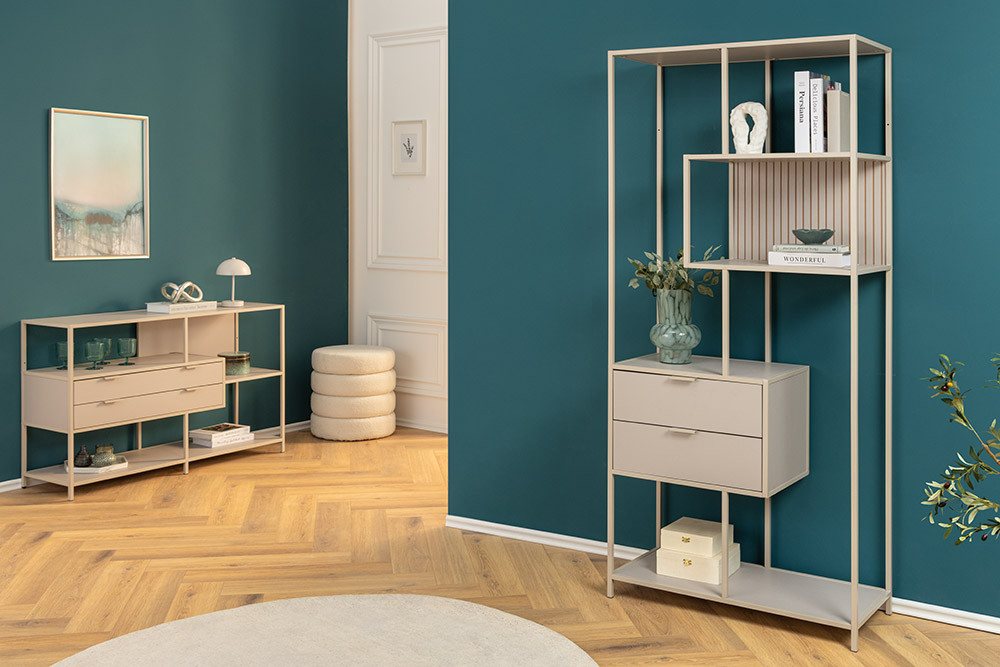 riess-ambiente Bücherregal SLIM LINE 185cm champagner beige Metall · Raumteiler mit Schubladen, Einzelartikel 1-tlg., Mehrzweckregal fürs Wohnzimmer mit 4 Fächern · Industrial Design Bild 3