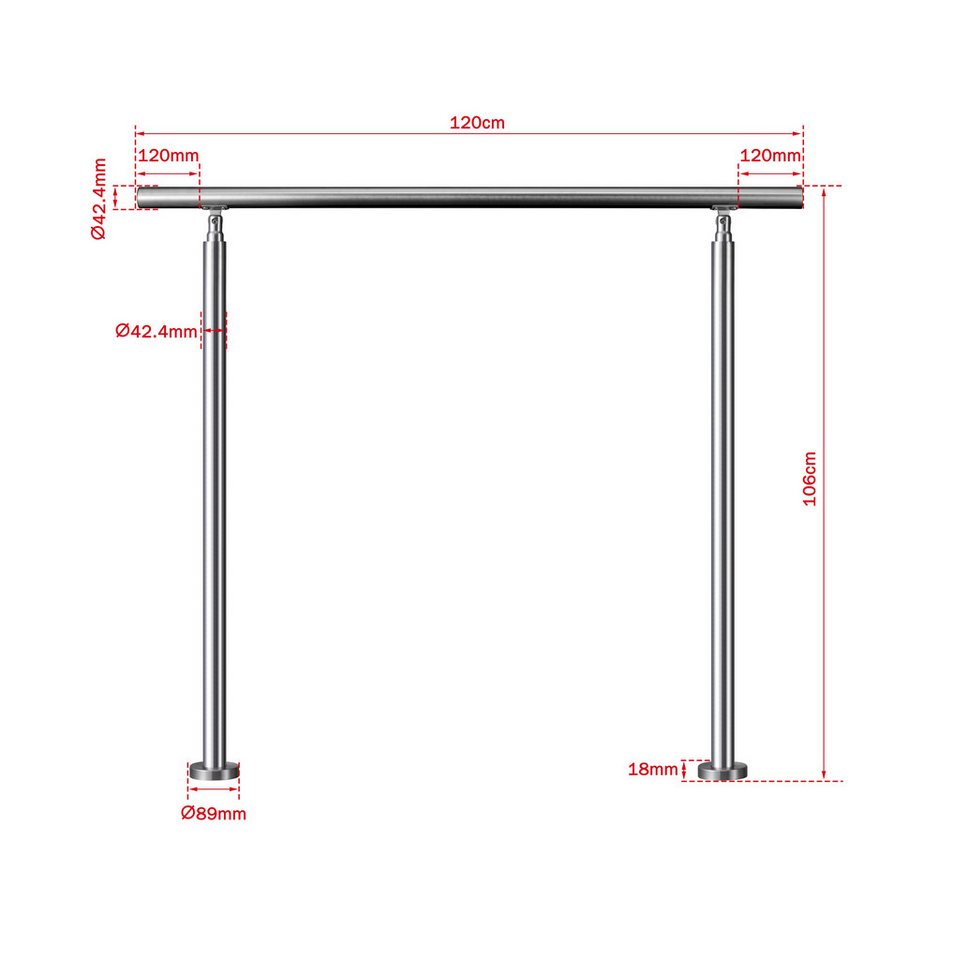 Duschparadies Handlauf Eingangsgeländer, Geländer Edelstahl Handlauf, Treppengeländer außen, 120 cm Gesamtlänge, (Packung), Handlauf Edelstahl, Silber/Schwarz, 100/120/150 cm, innen und außen