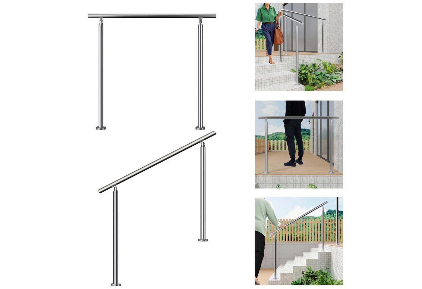 Duschparadies Handlauf Eingangsgeländer, Geländer Edelstahl Handlauf, Treppengeländer außen, 120 cm Gesamtlänge, (Packung), Handlauf Edelstahl, Silber/Schwarz, 100/120/150 cm, innen und außen Bild 3