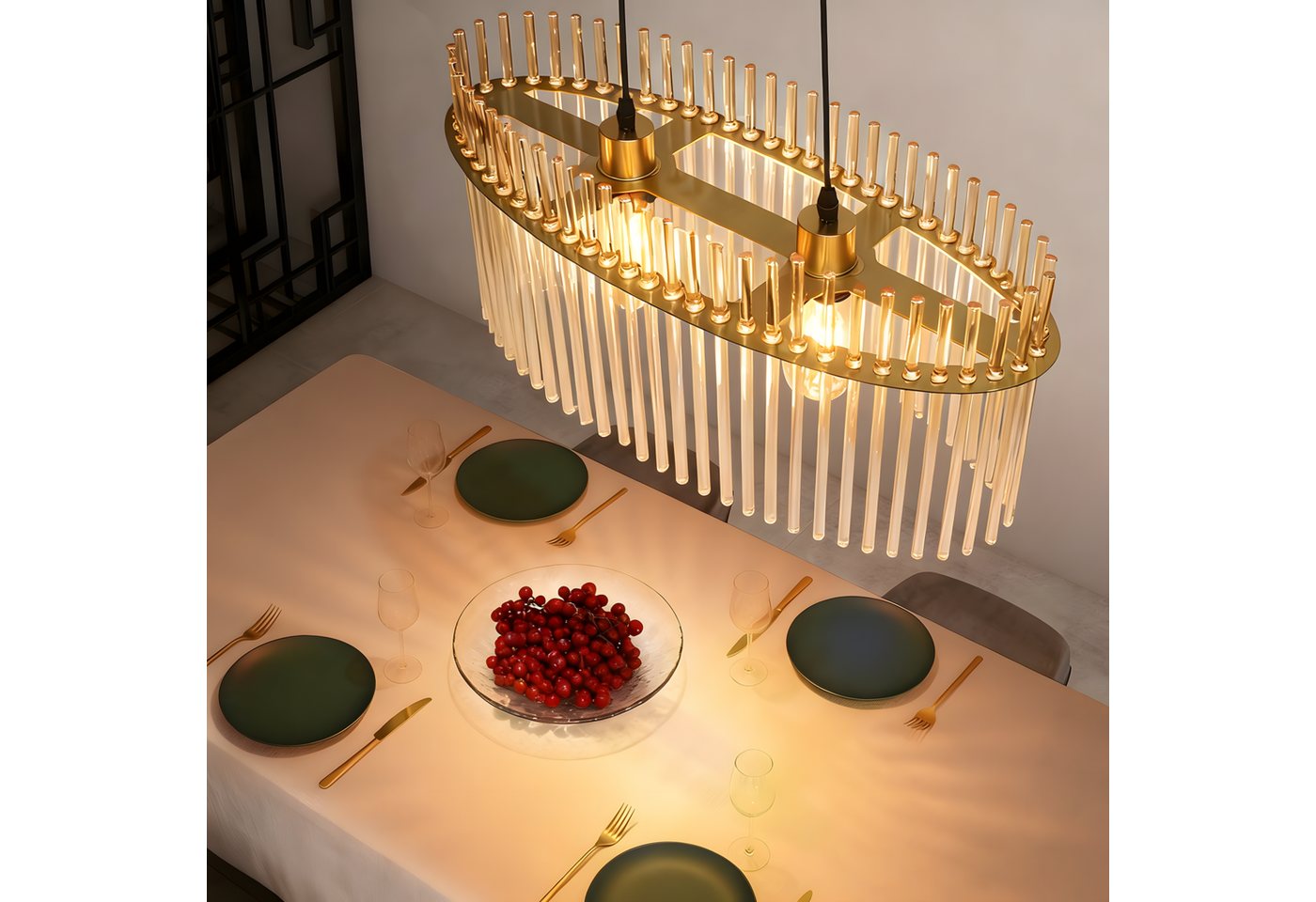 Nettlife Pendelleuchte Retro Schwarz/Gold 2 Flammig- Hängelampe kristall Schirm 60cm E27, ohne Leuchtmittel, für esstisch esszimmer Wohnzimmer Küche Bild 3