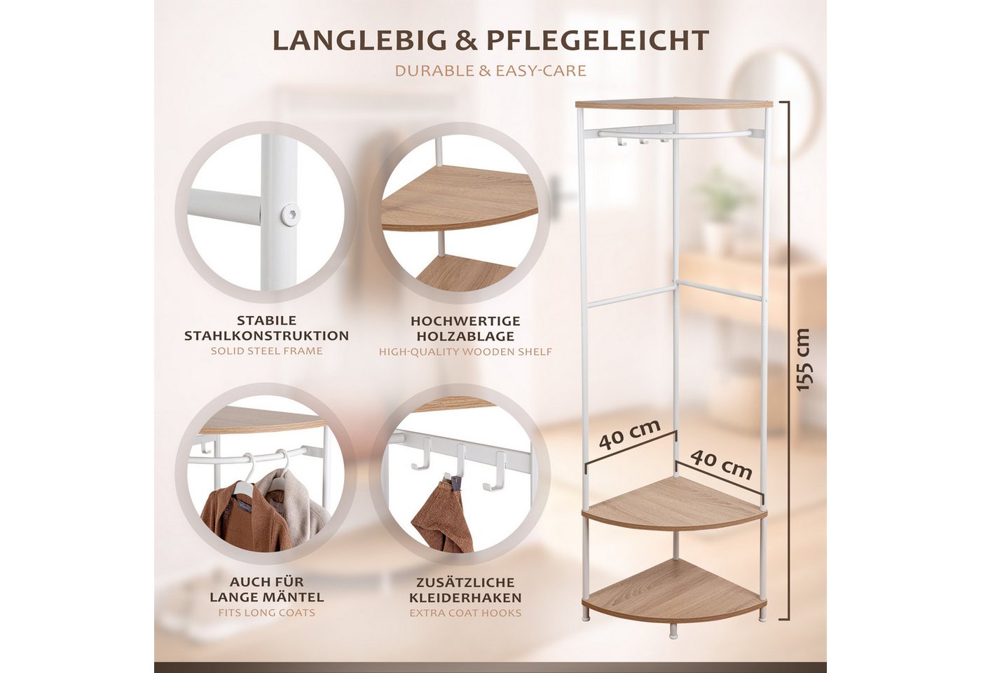 ONVAYA Eckregal mit Kleiderstange - Freistehende Garderobe -Flurgarderobe