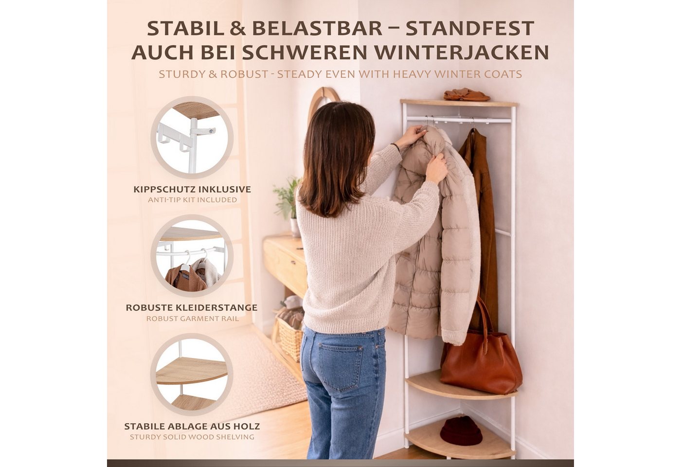 ONVAYA Eckregal mit Kleiderstange - Freistehende Garderobe -Flurgarderobe Bild 2