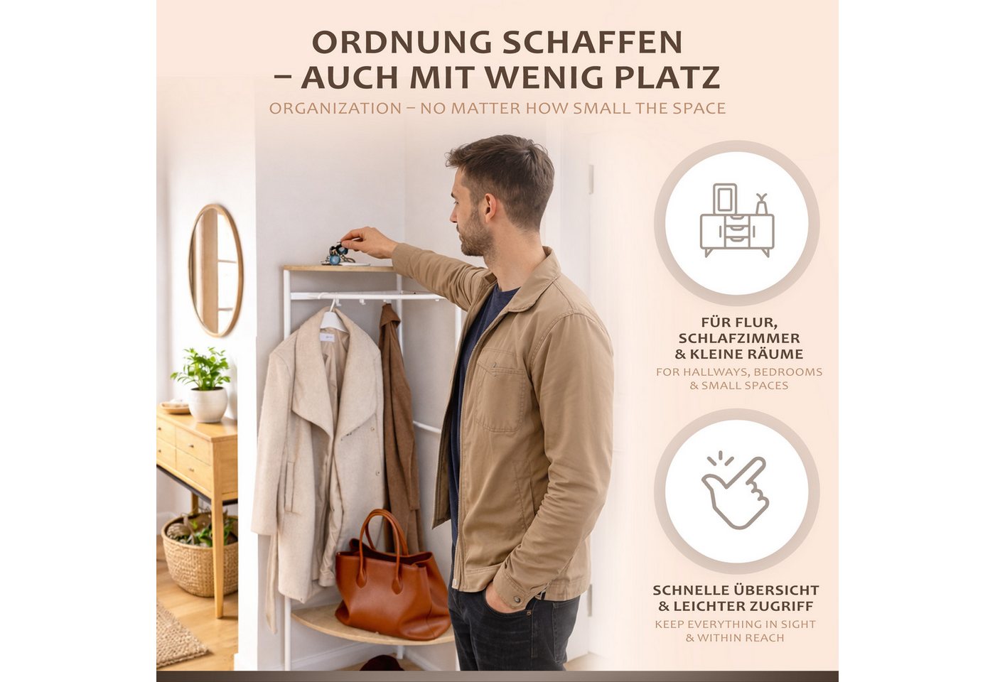 ONVAYA Eckregal mit Kleiderstange - Freistehende Garderobe -Flurgarderobe Bild 3