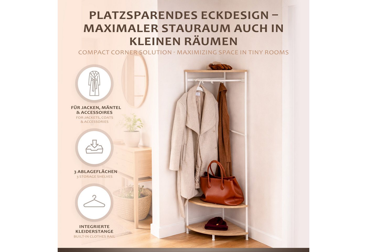 ONVAYA Eckregal mit Kleiderstange - Freistehende Garderobe -Flurgarderobe Bild 4