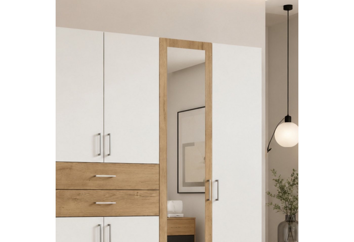 luma-home Drehtürenschrank 22595 (Kleiderschrank mit 2 Spiegeln und 2 Schubkästen) B270/H208/T58 cm, in Weiß mit Absetzungen in Eiche Dekor