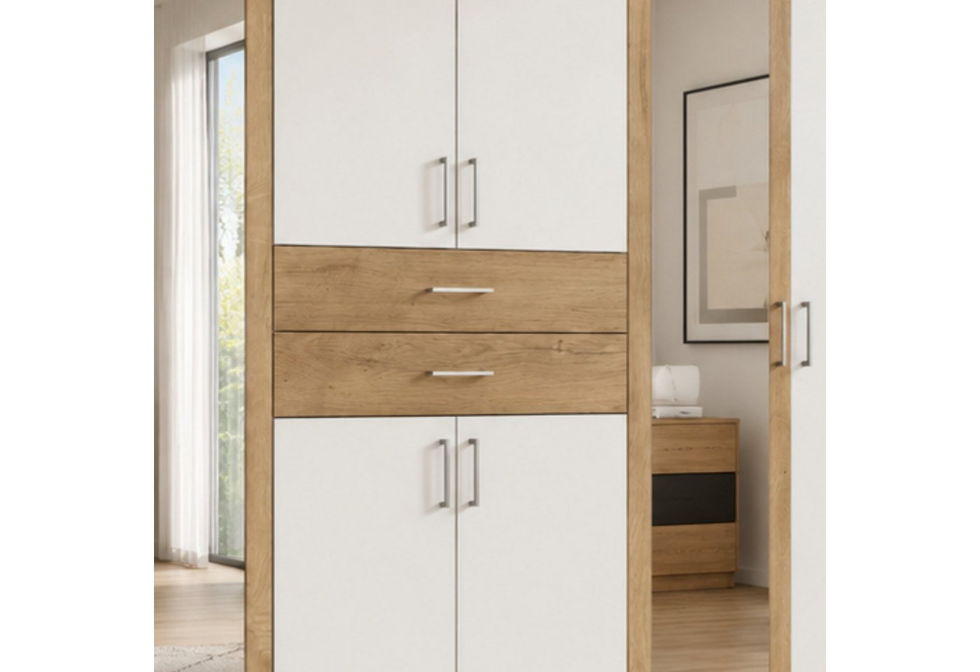 luma-home Drehtürenschrank 22595 (Kleiderschrank mit 2 Spiegeln und 2 Schubkästen) B270/H208/T58 cm, in Weiß mit Absetzungen in Eiche Dekor Bild 3