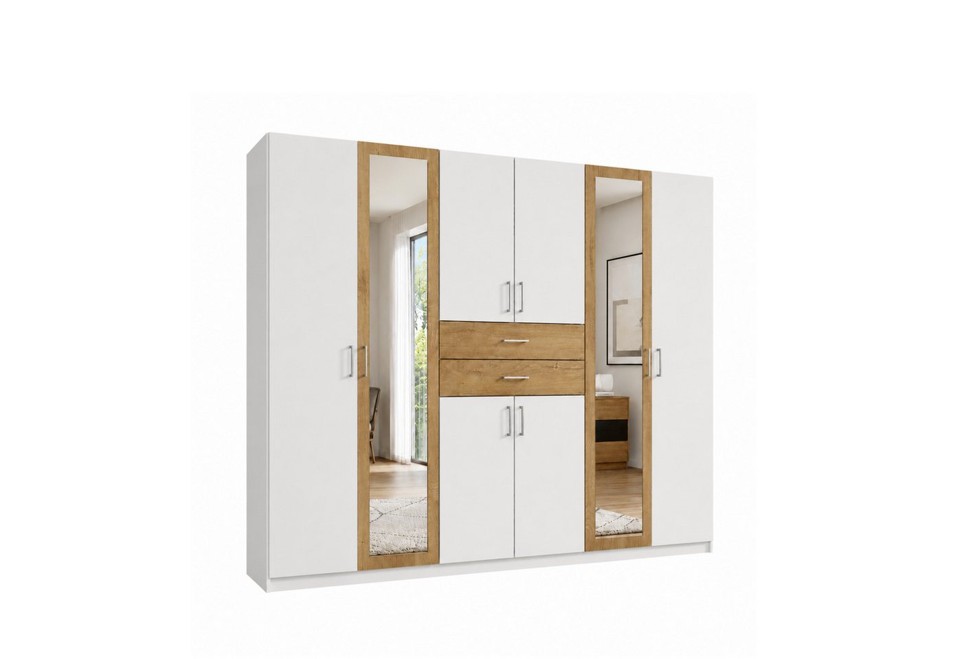 luma-home Drehtürenschrank 22595 (Kleiderschrank mit 2 Spiegeln und 2 Schubkästen) B270/H208/T58 cm, in Weiß mit Absetzungen in Eiche Dekor Bild 4