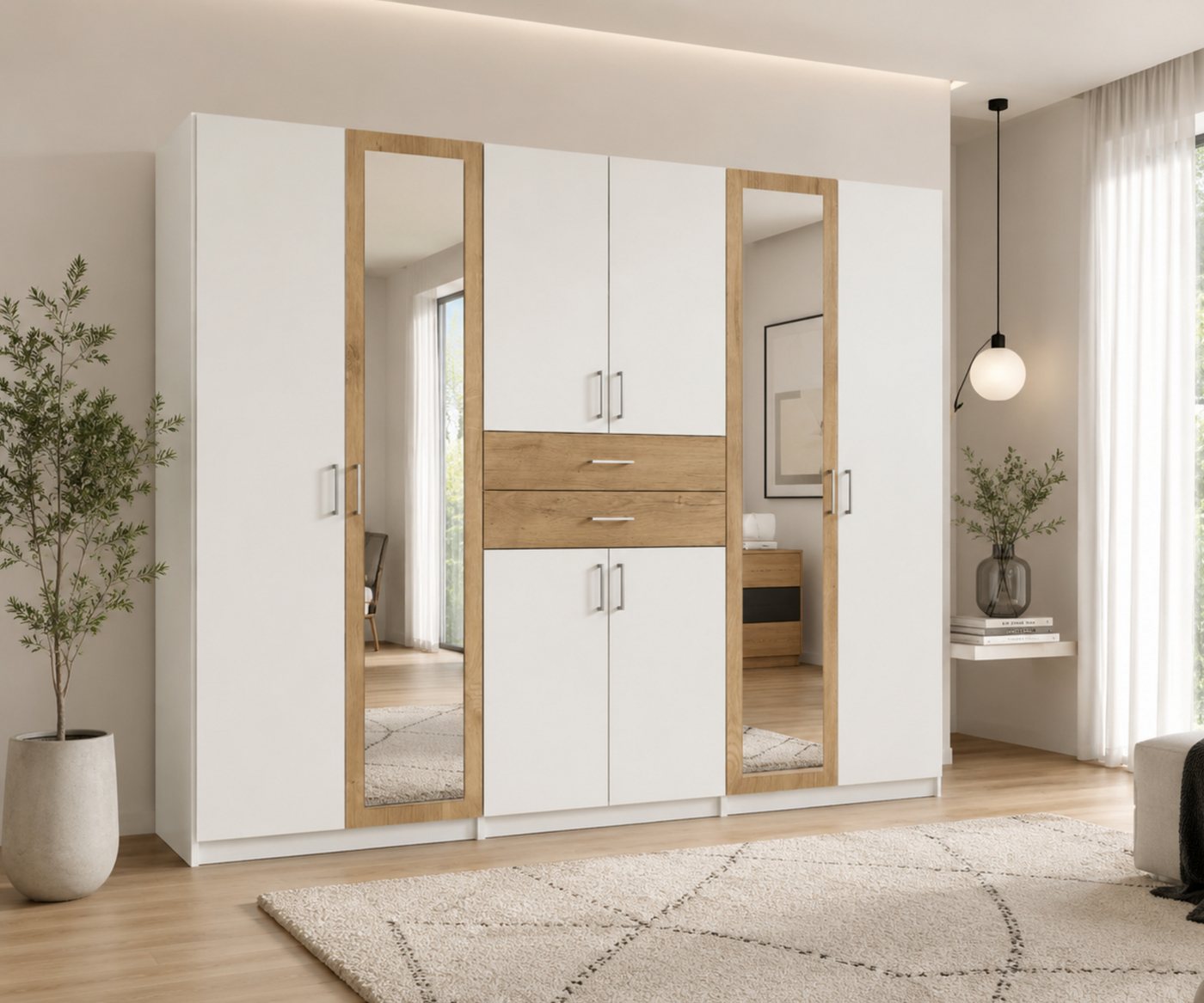 luma-home Drehtürenschrank 22595 (Kleiderschrank mit 2 Spiegeln und 2 Schubkästen) B270/H208/T58 cm, in Weiß mit Absetzungen in Eiche Dekor Bild 5