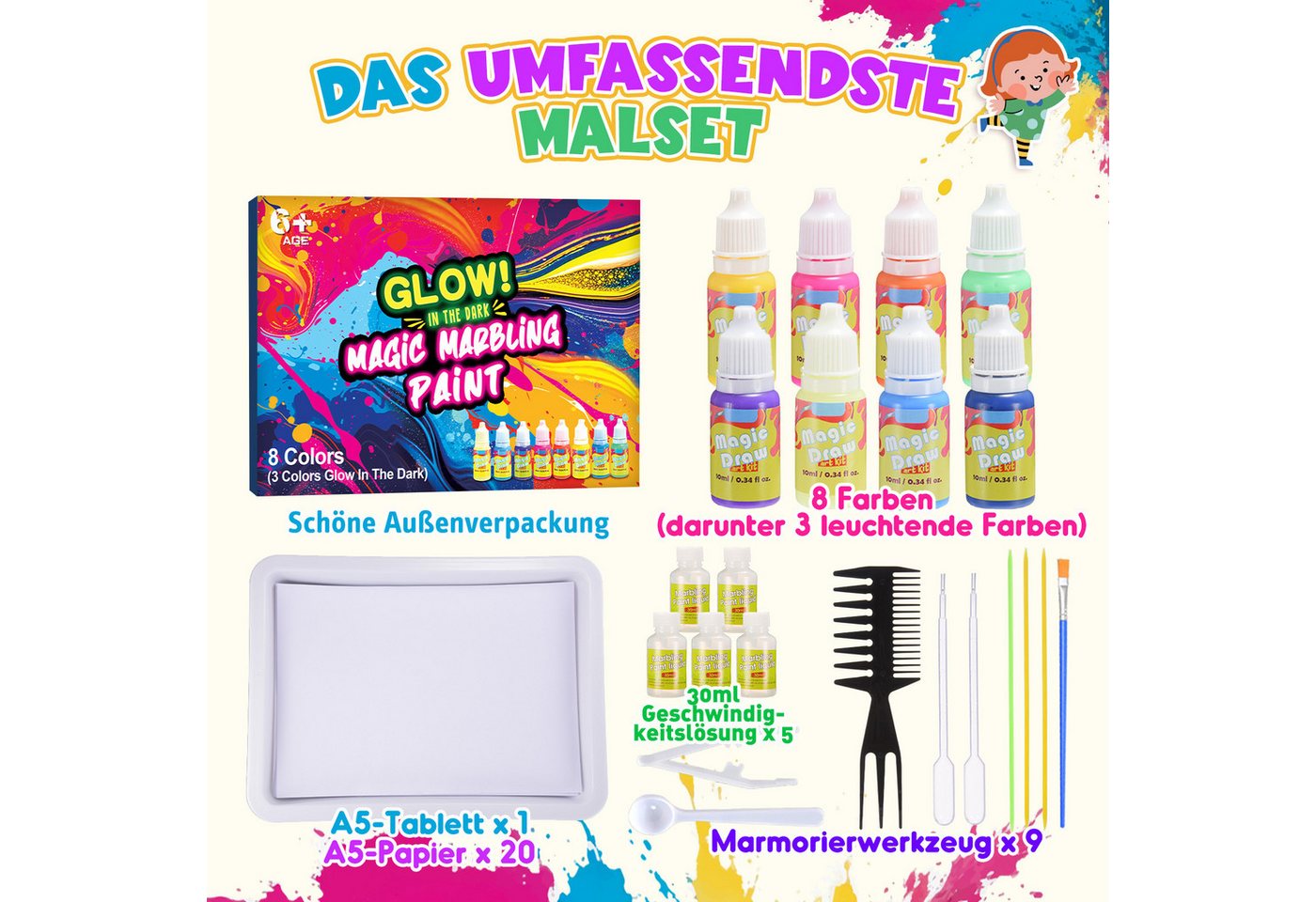 Wootoy Kreativset Wasser-Marmorierfarben Set DIY Mal- und Kunstset Kreativ-Bastelset, (mit 8 Farben 20 Blättern 9 Werkzeugen und A5-Tablett, 1-tlg., Fördert Kreativität Konzentration Feinmotorik durch Experimentieren), Geschenkset für Kinder die Kunst Farben und DIY-Projekte lieben