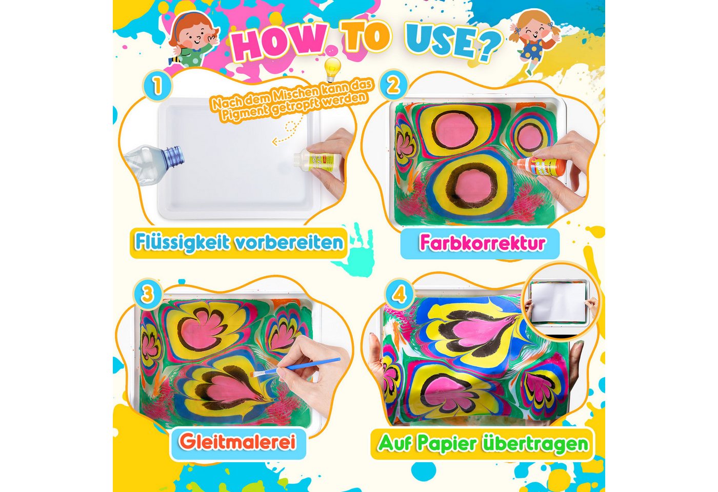 Wootoy Kreativset Wasser-Marmorierfarben Set DIY Mal- und Kunstset Kreativ-Bastelset, (mit 8 Farben 20 Blättern 9 Werkzeugen und A5-Tablett, 1-tlg., Fördert Kreativität Konzentration Feinmotorik durch Experimentieren), Geschenkset für Kinder die Kunst Farben und DIY-Projekte lieben Bild 2