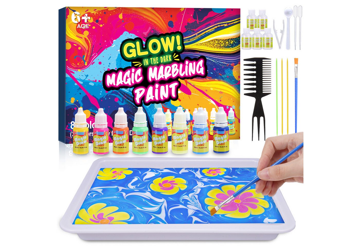 Wootoy Kreativset Wasser-Marmorierfarben Set DIY Mal- und Kunstset Kreativ-Bastelset, (mit 8 Farben 20 Blättern 9 Werkzeugen und A5-Tablett, 1-tlg., Fördert Kreativität Konzentration Feinmotorik durch Experimentieren), Geschenkset für Kinder die Kunst Farben und DIY-Projekte lieben Bild 3