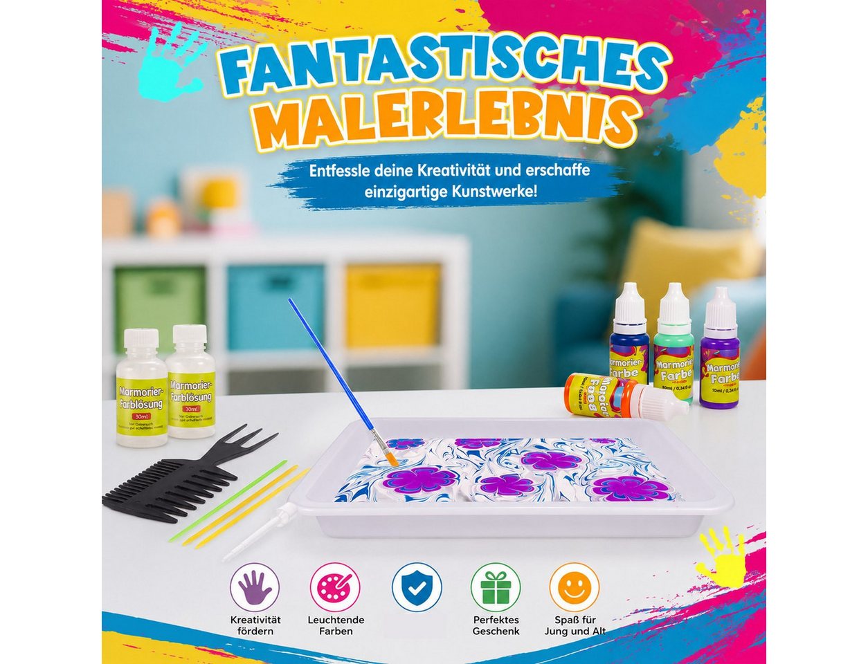 Wootoy Kreativset Wasser-Marmorierfarben Set DIY Mal- und Kunstset Kreativ-Bastelset, (mit 8 Farben 20 Blättern 9 Werkzeugen und A5-Tablett, 1-tlg., Fördert Kreativität Konzentration Feinmotorik durch Experimentieren), Geschenkset für Kinder die Kunst Farben und DIY-Projekte lieben Bild 4
