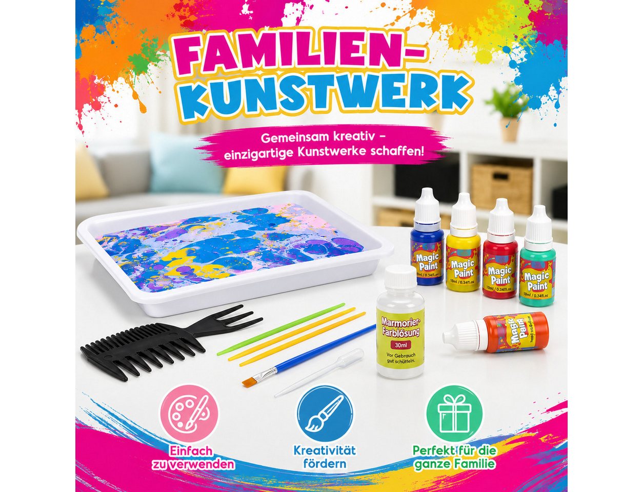 Wootoy Kreativset Wasser-Marmorierfarben Set DIY Mal- und Kunstset Kreativ-Bastelset, (mit 8 Farben 20 Blättern 9 Werkzeugen und A5-Tablett, 1-tlg., Fördert Kreativität Konzentration Feinmotorik durch Experimentieren), Geschenkset für Kinder die Kunst Farben und DIY-Projekte lieben Bild 5