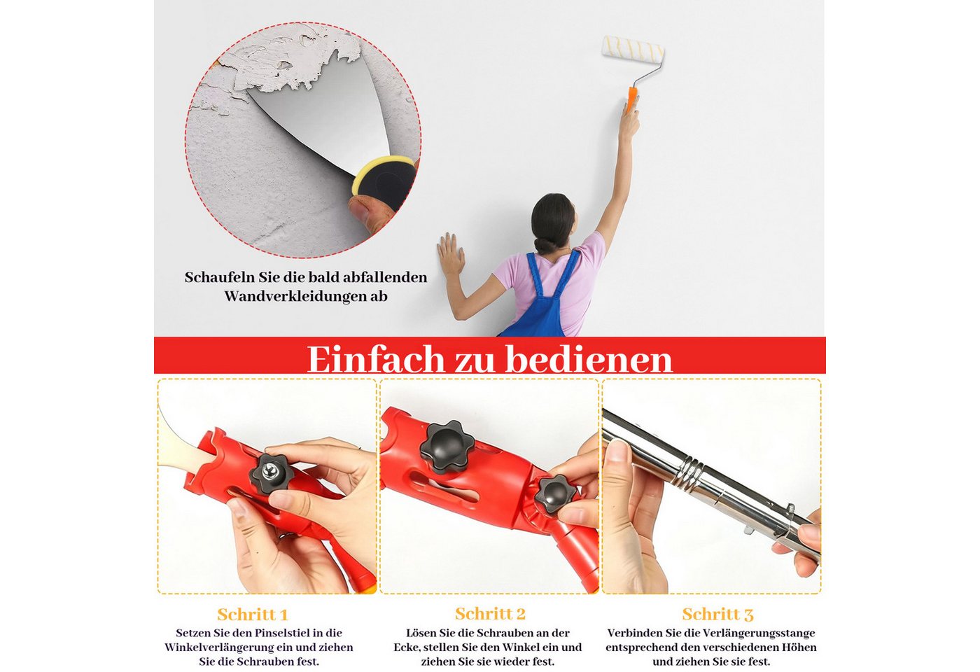 BlingBin Farbroller 16-teiliges Farbroller-Set mit 170 cm Verlängerungsstange (16er Set, 16-St., 1.7M Farbpinsel Verlängerung), Malerpinseln und Farbwanne mit Liner für Innenanstriche Bild 4