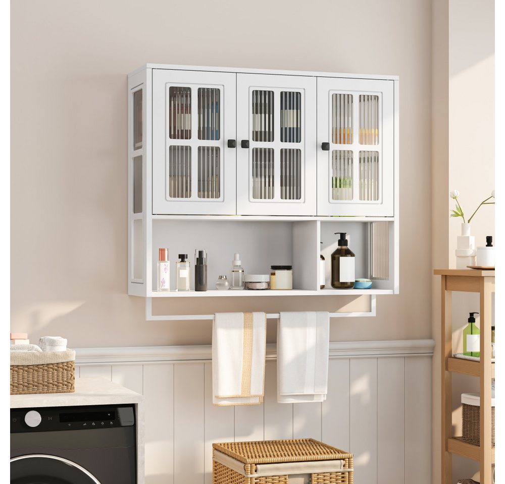 BBWL Hängeschrank mit 3 Türen, Glasfront, Handtuchhalter & Stauraum, moderner Badezimmer Wandschrank, Hängeschrank für Bad Wohnzimmer