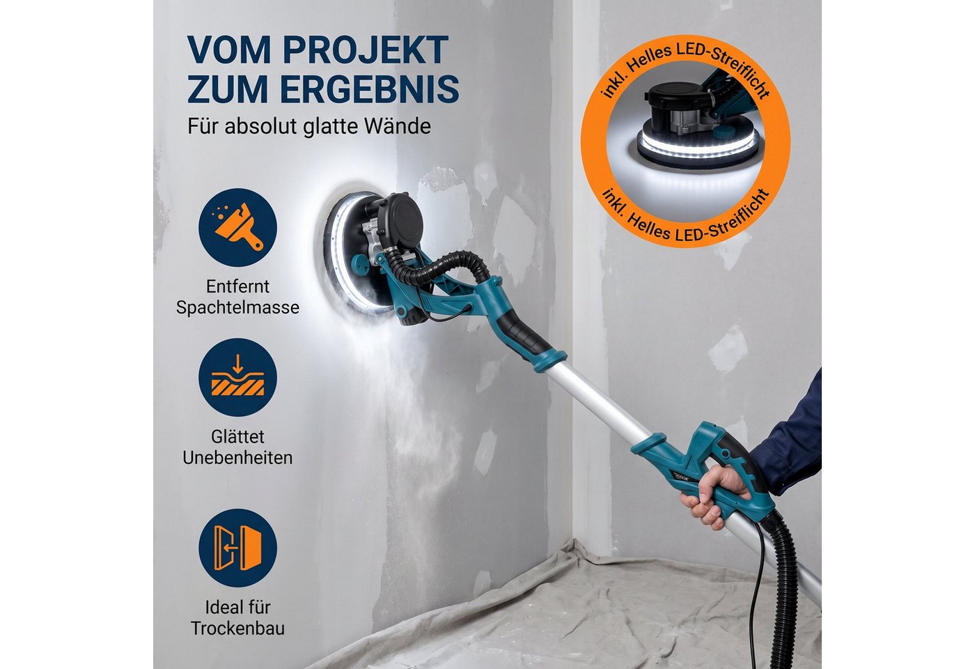 oyajia Trockenbauschleifer Wand und Deckenschleifer 1250W Elektroschleifer mit 12 Schleifscheiben, max. 2800 U/min, 7 variablen, ausziehbarem Griff, LED-Beleuchtung, langem Staubschlauch