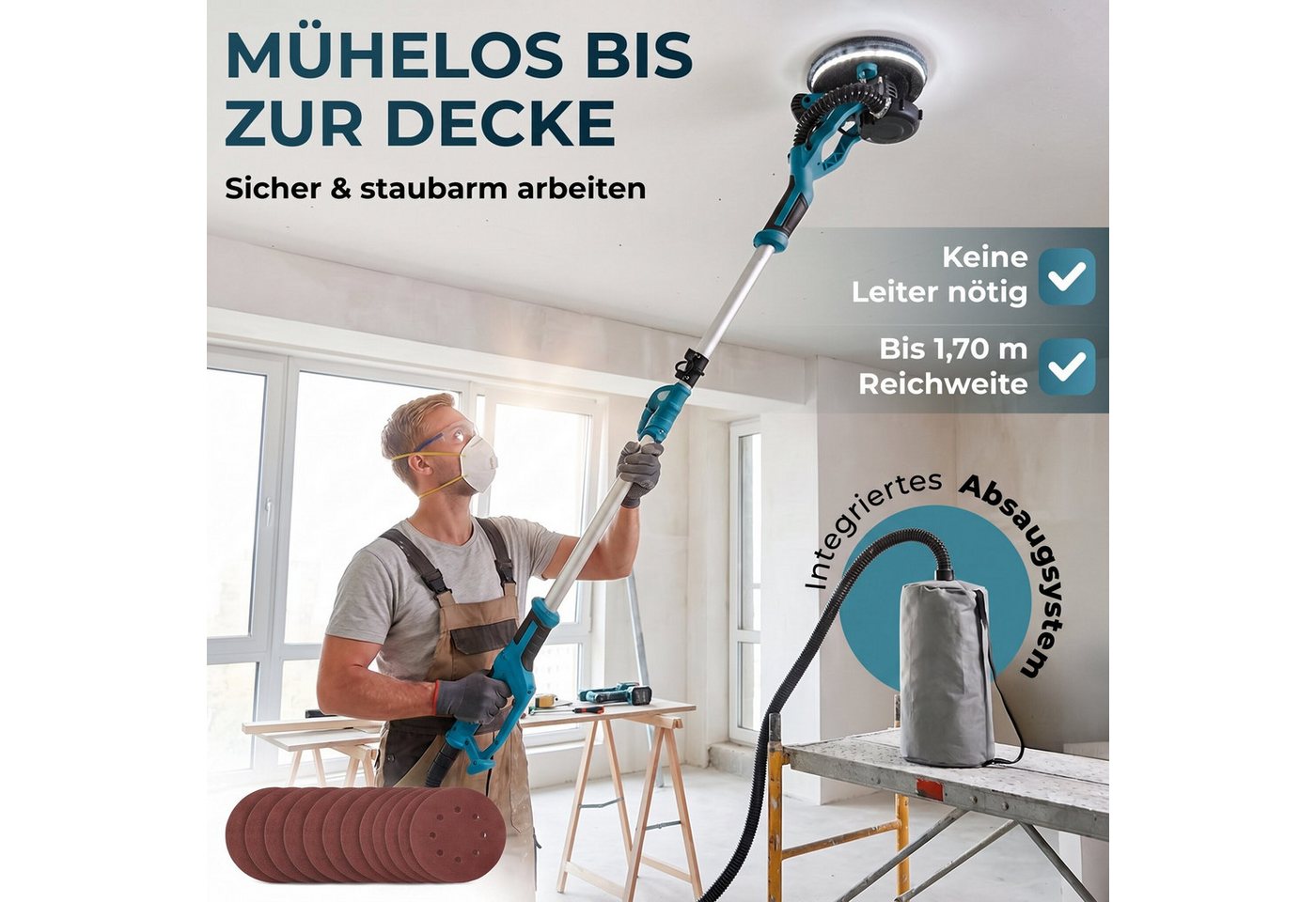 oyajia Trockenbauschleifer Wand und Deckenschleifer 1250W Elektroschleifer mit 12 Schleifscheiben, max. 2800 U/min, 7 variablen, ausziehbarem Griff, LED-Beleuchtung, langem Staubschlauch Bild 3