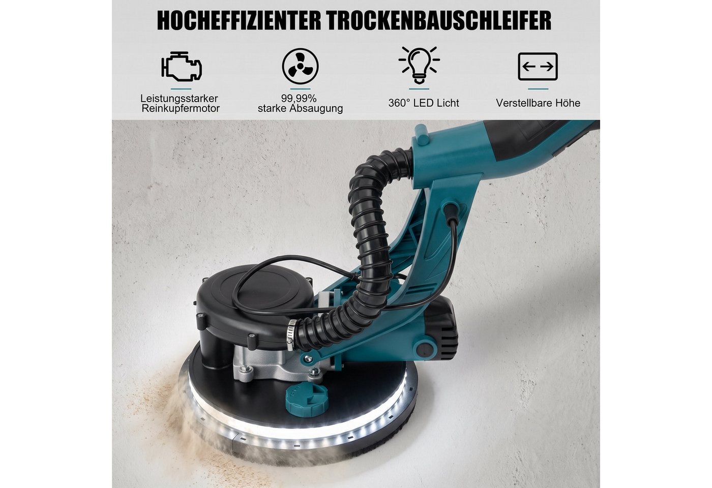 oyajia Trockenbauschleifer Wand und Deckenschleifer 1250W Elektroschleifer mit 12 Schleifscheiben, max. 2800 U/min, 7 variablen, ausziehbarem Griff, LED-Beleuchtung, langem Staubschlauch Bild 4