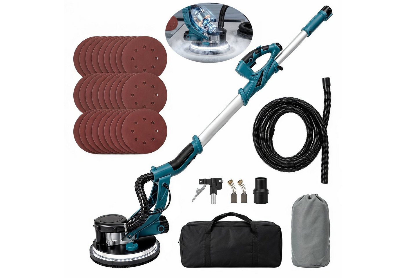 oyajia Trockenbauschleifer Wand und Deckenschleifer 1250W Elektroschleifer mit 12 Schleifscheiben, max. 2800 U/min, 7 variablen, ausziehbarem Griff, LED-Beleuchtung, langem Staubschlauch Bild 5