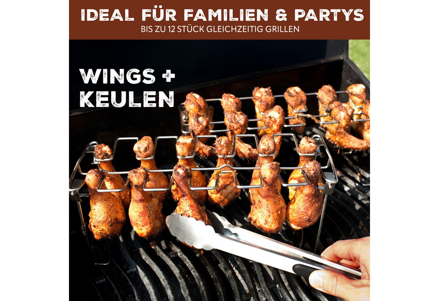 bremermann Grillguthalter Hähnchenschenkel-Halter für 12 Keulen (inkl. Auffangschale), Edelstahl, (1-St., Hähnchenschenkelhalter mit Fettschale), mit Tragegriffen, für 12 Hähnchen-Unterkeulen Bild 3