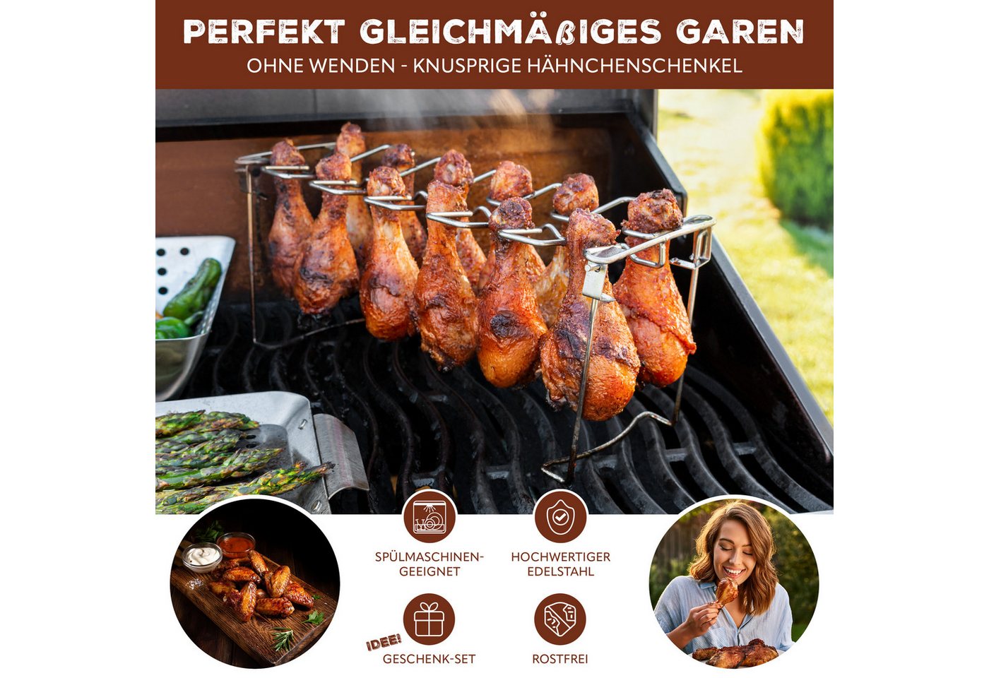 bremermann Grillguthalter Hähnchenschenkel-Halter für 12 Keulen (inkl. Auffangschale), Edelstahl, (1-St., Hähnchenschenkelhalter mit Fettschale), mit Tragegriffen, für 12 Hähnchen-Unterkeulen Bild 4