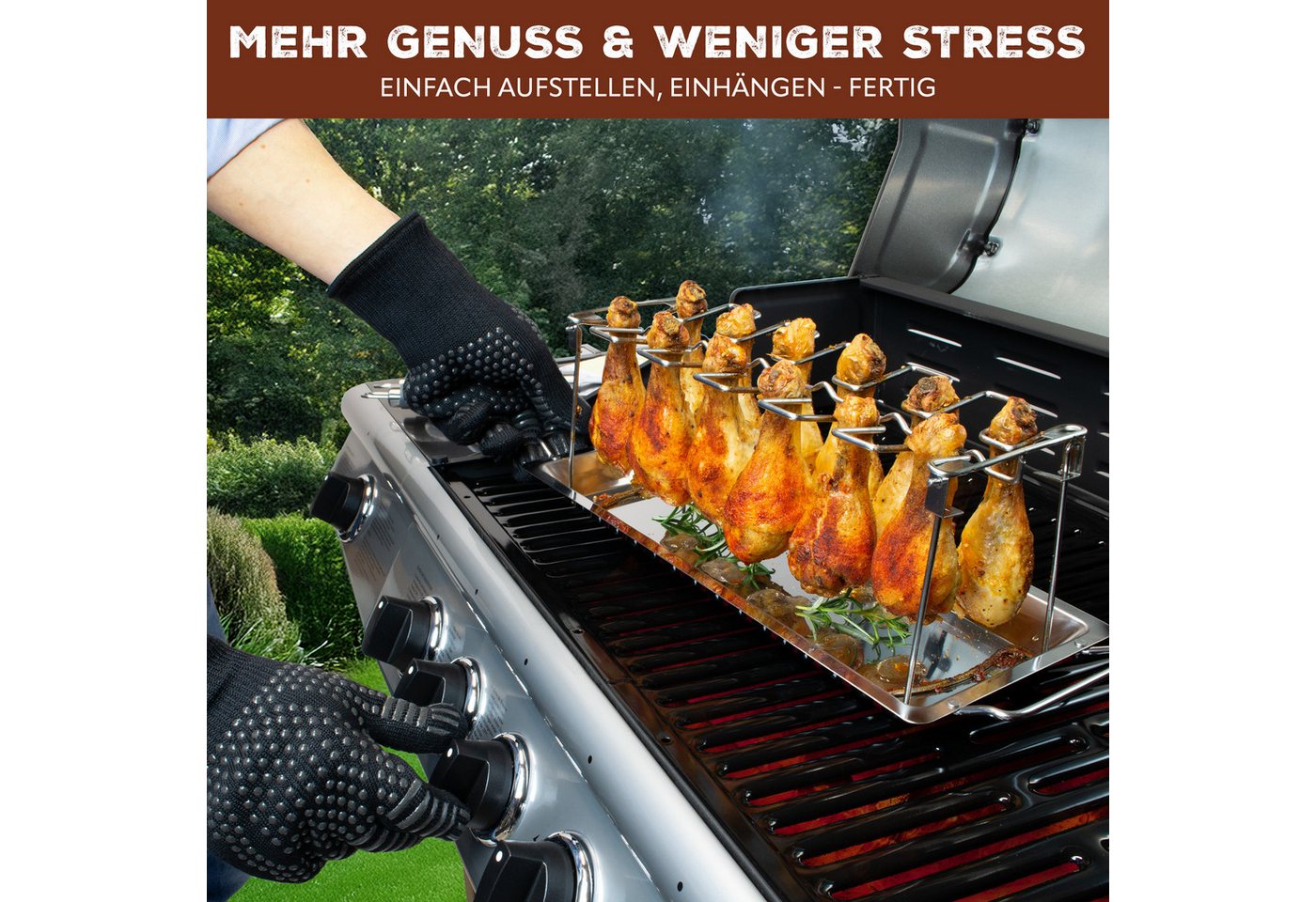 bremermann Grillguthalter Hähnchenschenkel-Halter für 12 Keulen (inkl. Auffangschale), Edelstahl, (1-St., Hähnchenschenkelhalter mit Fettschale), mit Tragegriffen, für 12 Hähnchen-Unterkeulen Bild 5